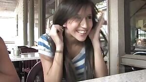 April O'Neil flashing her big tits at a restaurant
