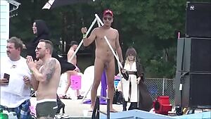 A Jedi midget wins a lightsaber battle and celebrates by getting naked