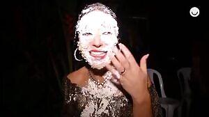 Spanish actress just after doing a scene with cake