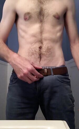 Letting my thick cock flop out of my jeans after a long day