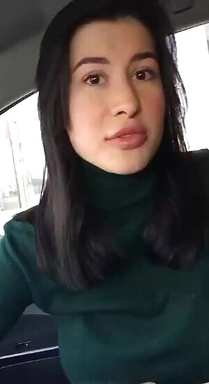 Brunette shows tits all from the car!