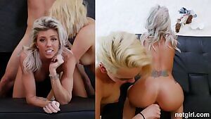 Dual view of her friend helping a cock into her ass