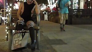 Sitting at a bench with my boobies out!