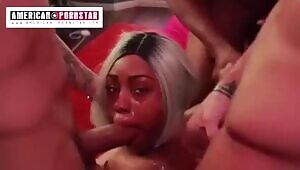 Ebony sucking, taking a bunch of dicks in her mouth