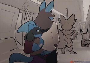 Lucario and Riolu have a quick exchange during their commute
