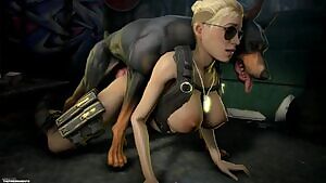 Cassie Cage and a doberman