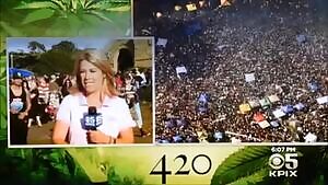 Wild girl joyfully flashing her boobs behind a reporter on live TV