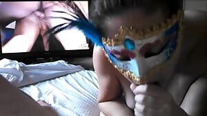 Wife Fingers and Sucks Hubby While He Watches Gay Porn