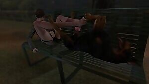 Footjob outside on the bench