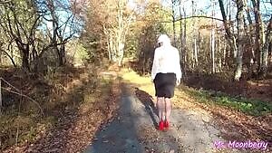 Classy lady in forest - flashing, playing with tits and pussy, upskirt, panties off