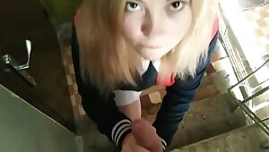 Slavic student does blowjob in the stairwell