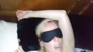 Blindfolded blonde swallows my load.