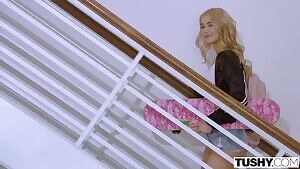 Cute braced teen with tight body takes it from behind