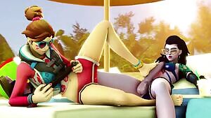 D.Va giving a futa Widowmaker a footjob