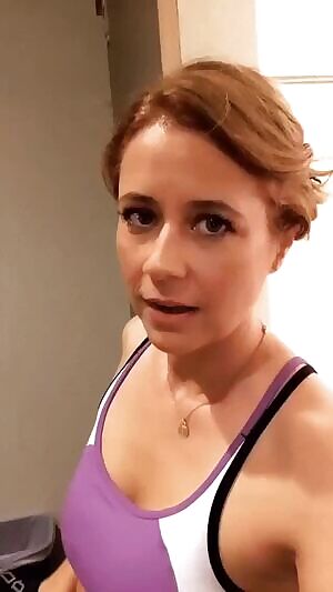 Jenna Fischer is all sweaty after her workout and is about to have a shower. My cock is throbbing
