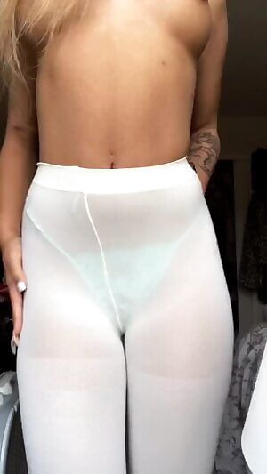 Let this petite little blonde brighten up your day with this turquoise v string!