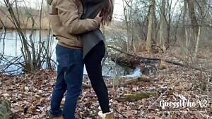 Small tits teen creampie at park, risky public outdoor sex almost caught 4K