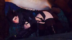 Catgirl fucked by a horse in the woods at dusk