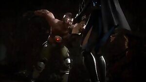 Kano grabs Kitana's by her breasts and headbutts her