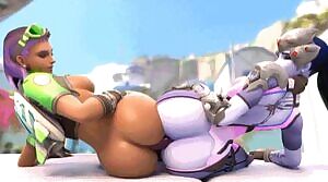 Sombra and Widowmaker sharing a dildo