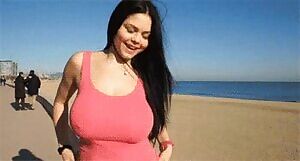 Busty shione cooper flashing big juggs at the beach